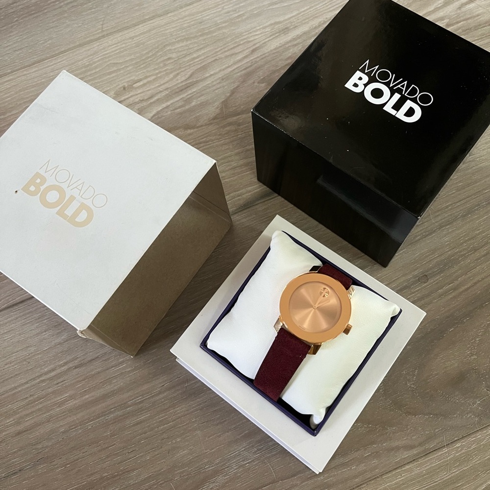 Rose Gold Movado Watch: Bold Iconic Suede Strap Watch, 36mm In Burgundy - Picture 4 of 8